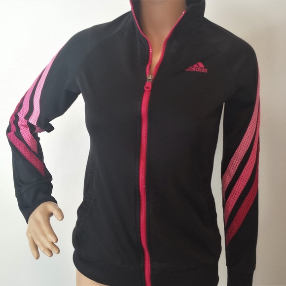 adidas Jackets & Blazers - Black Adidas Zip Up Jacket with Pink Stripes